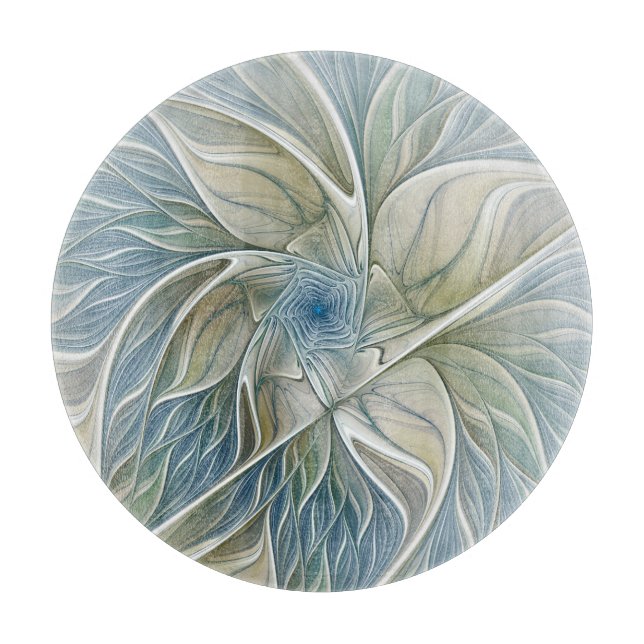 Floral Dream Pattern Abstract Blue Khaki Fractal Cutting Board (Front)