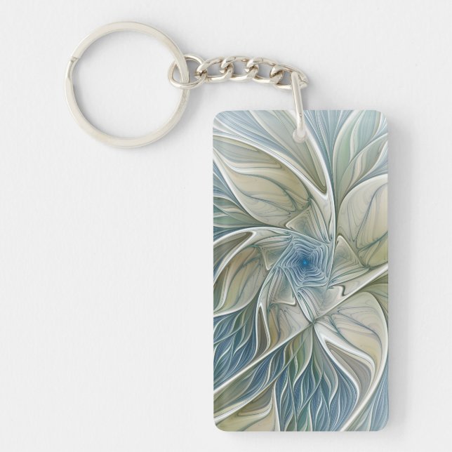 Floral Dream Pattern Abstract Blue Khaki Fractal Key Ring (Front)