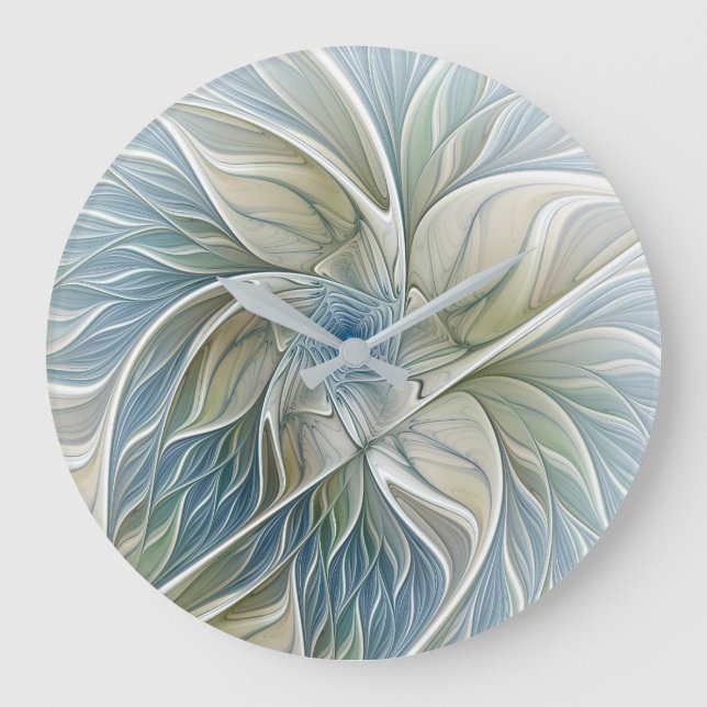Floral Dream Pattern Abstract Blue Khaki Fractal Large Clock (Front)