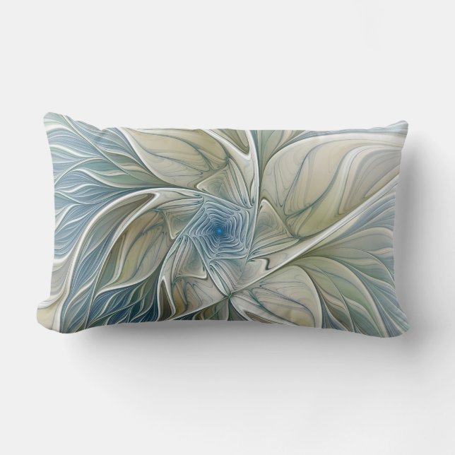 Floral Dream Pattern Abstract Blue Khaki Fractal Lumbar Cushion (Front)