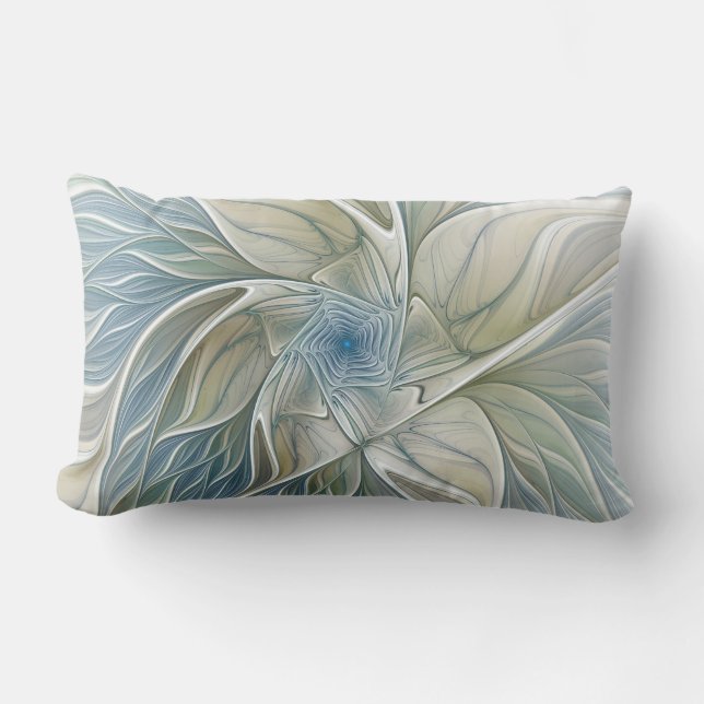 Floral Dream Pattern Abstract Blue Khaki Fractal Lumbar Cushion (Front)