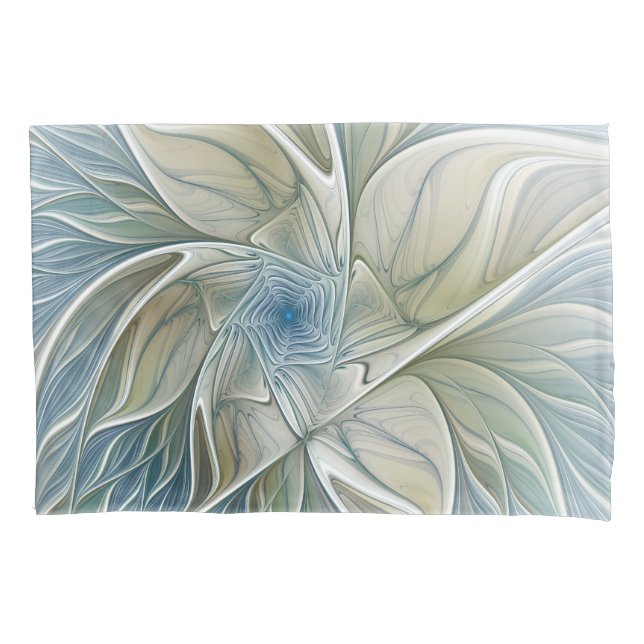 Floral Dream Pattern Abstract Blue Khaki Fractal Pillowcase (Front)