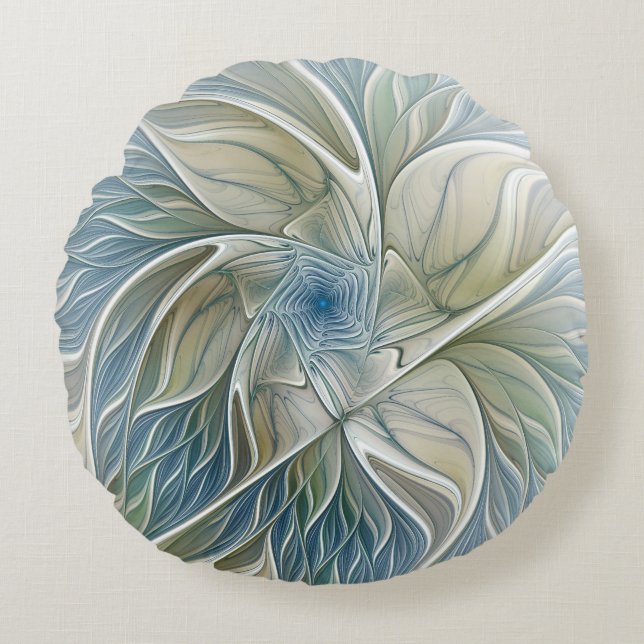 Floral Dream Pattern Abstract Blue Khaki Fractal Round Cushion (Front)