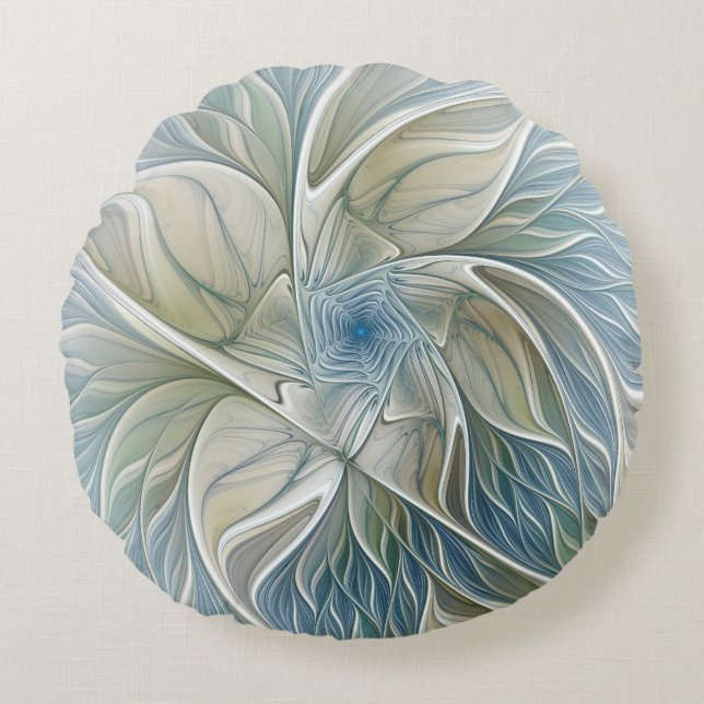 Floral Dream Pattern Abstract Blue Khaki Fractal Round Cushion (Front)