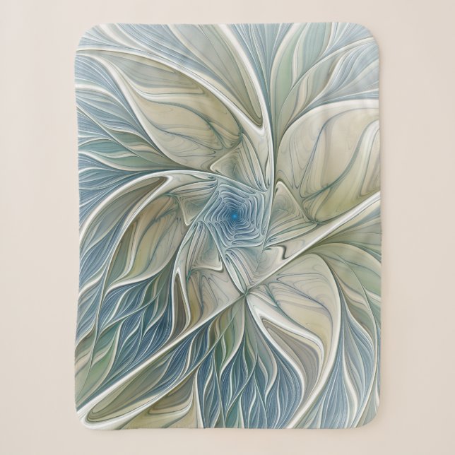 Floral Dream Pattern Abstract Blue Khaki Fractal Sherpa Blanket (Front)