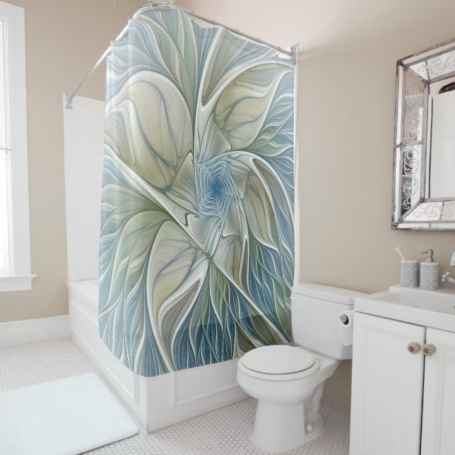 Floral Dream Pattern Abstract Blue Khaki Fractal Shower Curtain (In Situ)
