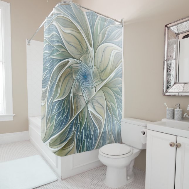 Floral Dream Pattern Abstract Blue Khaki Fractal Shower Curtain (In Situ)