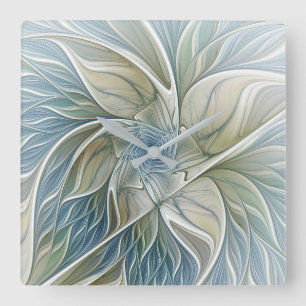 Floral Dream Pattern Abstract Blue Khaki Fractal Square Wall Clock