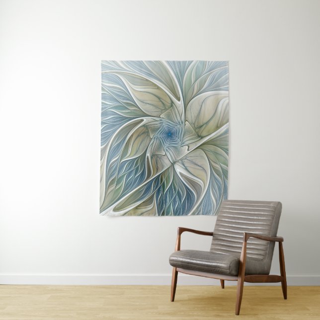 Floral Dream Pattern Abstract Blue Khaki Fractal Tapestry (In Situ)