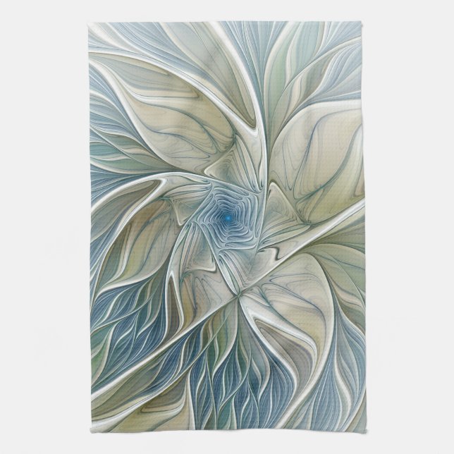 Floral Dream Pattern Abstract Blue Khaki Fractal Tea Towel (Vertical)