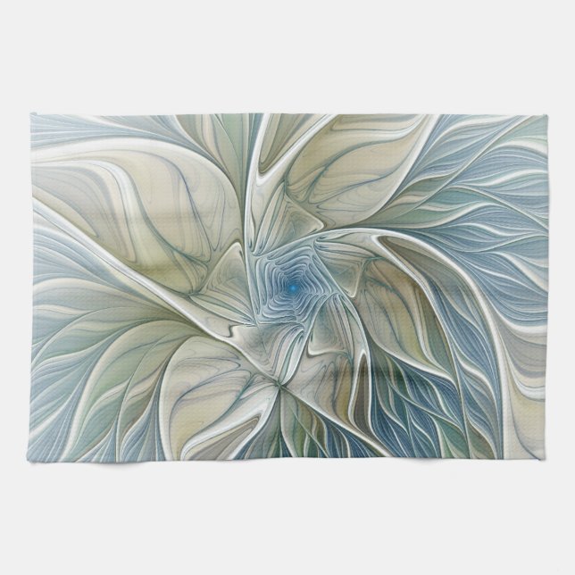 Floral Dream Pattern Abstract Blue Khaki Fractal Tea Towel (Horizontal)