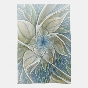 Floral Dream Pattern Abstract Blue Khaki Fractal Tea Towel