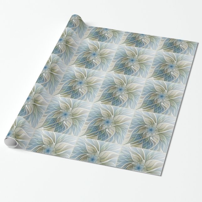 Floral Dream Pattern Abstract Blue Khaki Fractal Wrapping Paper (Unrolled)