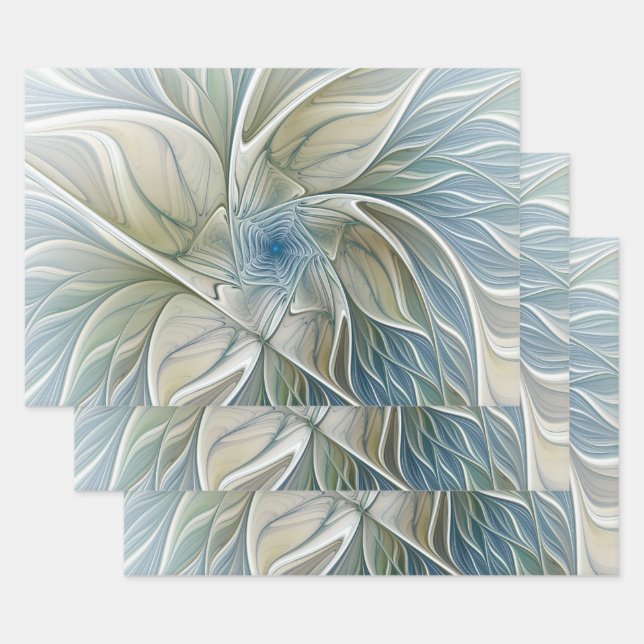 Floral Dream Pattern Abstract Blue Khaki Fractal Wrapping Paper Sheet (Set)