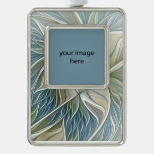 Floral Dream Pattern Abstract Blue Khaki + Photo Silver Plated Framed Ornament