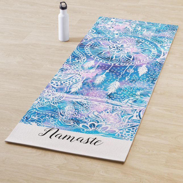 Floral dreamcatcher turquoise watercolor namaste yoga mat (In Situ)
