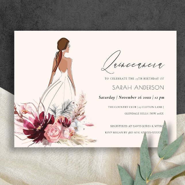 Floral Dress Pampas Grass Quinceanera Invite (Creator Uploaded)