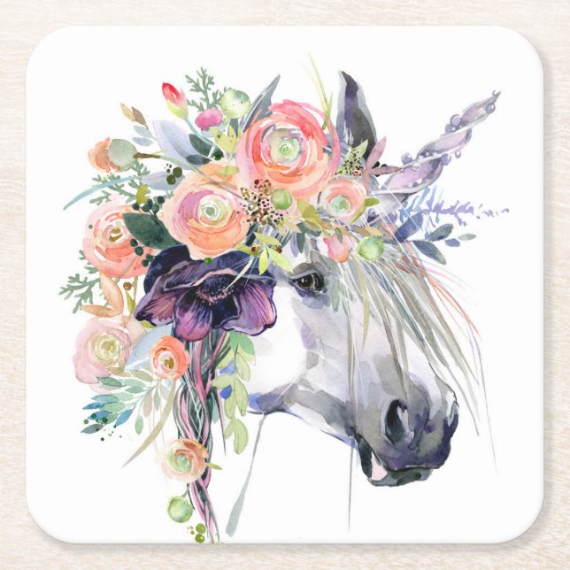 Floral Dressed Unicorn Square Paper Coaster (Front)