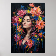 Floral Drip Art Portrait Vibrant Woman Poster