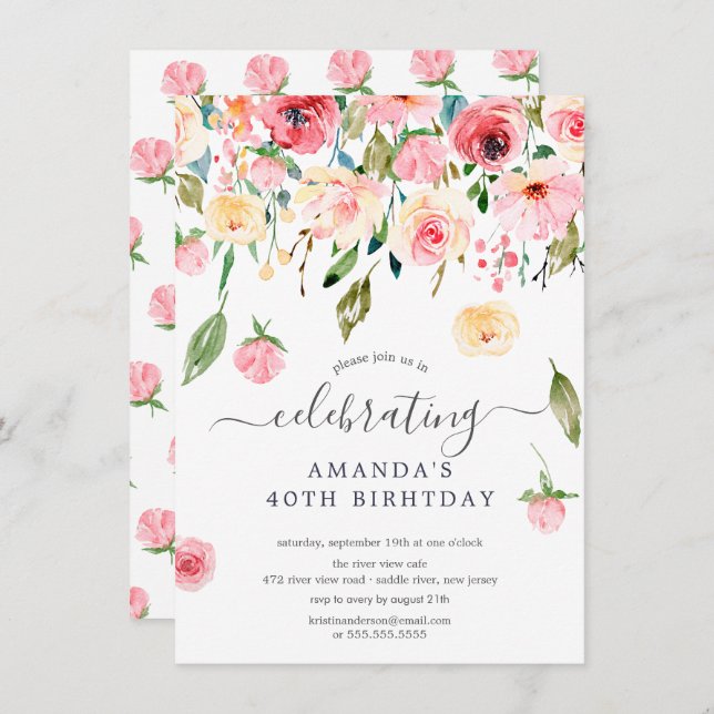 Floral Drop Pink Peonies Birthday Party Invitation (Front/Back)