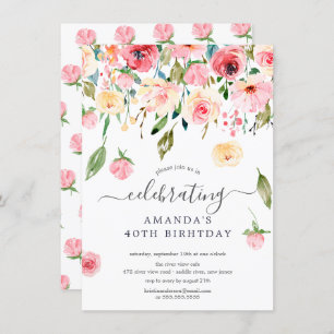 Floral Drop Pink Peonies Birthday Party Invitation