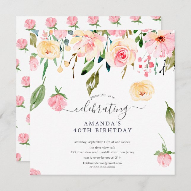 Floral Drop Pink Peonies Birthday Party Invitation (Front/Back)