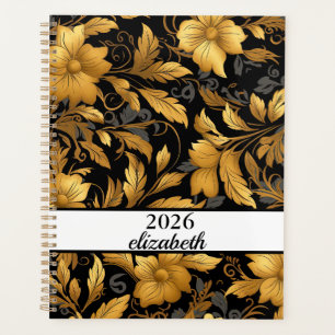 Floral dusty black & gold name script  planner