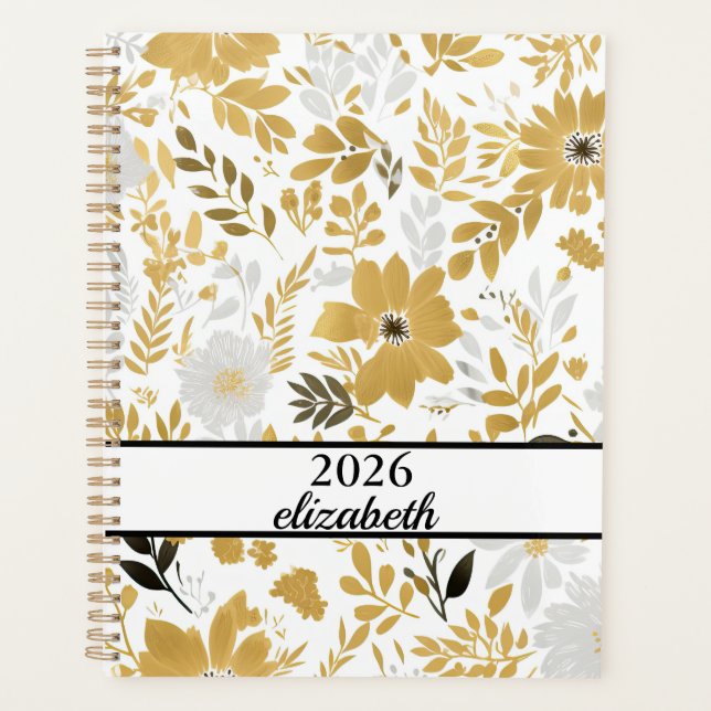 Floral dusty black & gold name script  planner (Front)