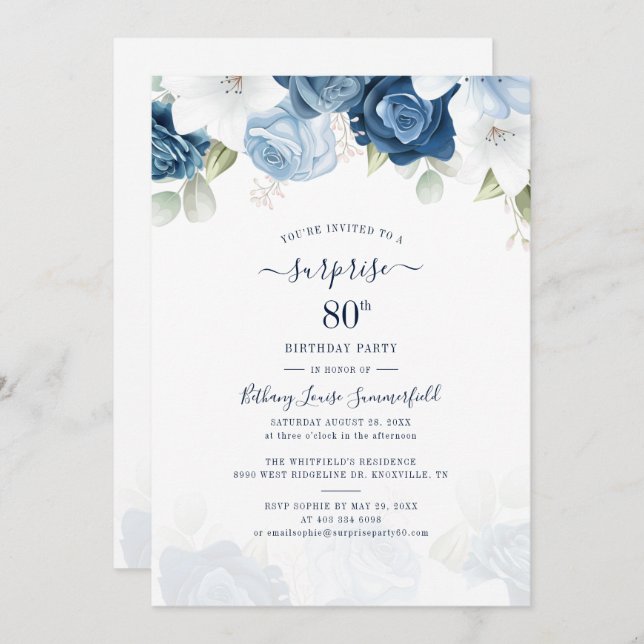 Floral Dusty Blue 80th Birthday Party Invitation (Front/Back)