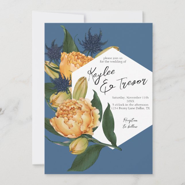 Floral Dusty Blue and Orange Wedding Invitation (Front)