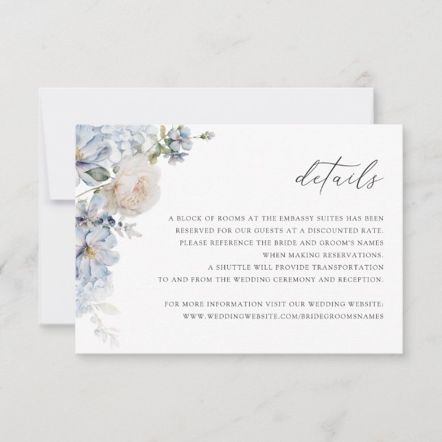 Floral Dusty Blue Blush Roses Wedding Details Card (Front)