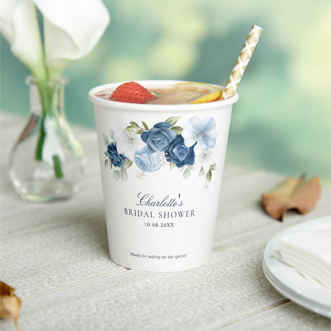 Floral Dusty Blue Botanical Bridal Shower Party Paper Cups (Insitu)