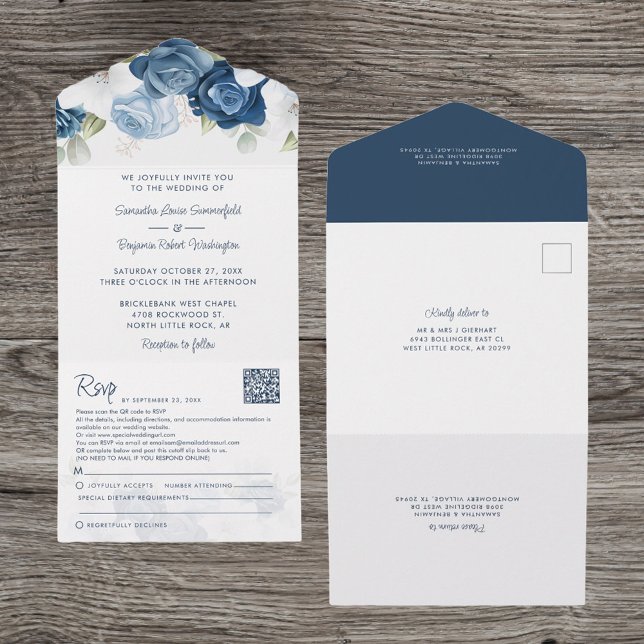 Floral Dusty Blue Botanical Script Wedding All In One Invitation (All-in-One Dusty Blue Floral Wedding Invitation)