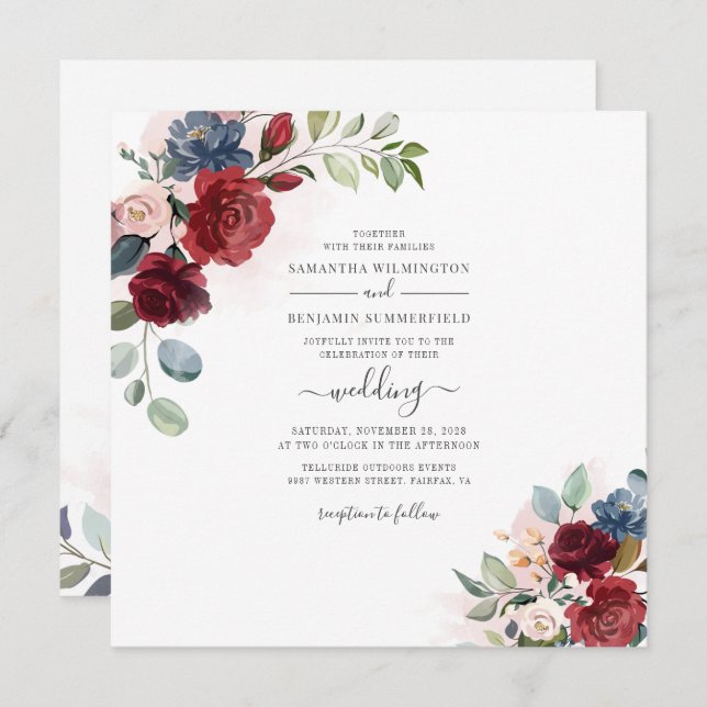 Floral Dusty Blue Burgundy Botanical Wedding Invitation (Front/Back)