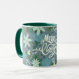 Floral dusty blue Christmas lettering Mug