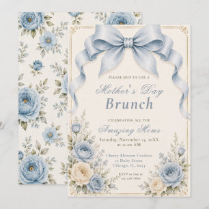 Floral Dusty Blue Coquette Bow Mother's Day Brunch Invitation