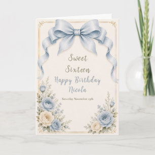 Floral Dusty Blue Coquette Bow Sweet Sixteen Card