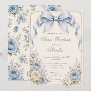 Floral Dusty Blue Coquette Bow Sweet Sixteen Invitation