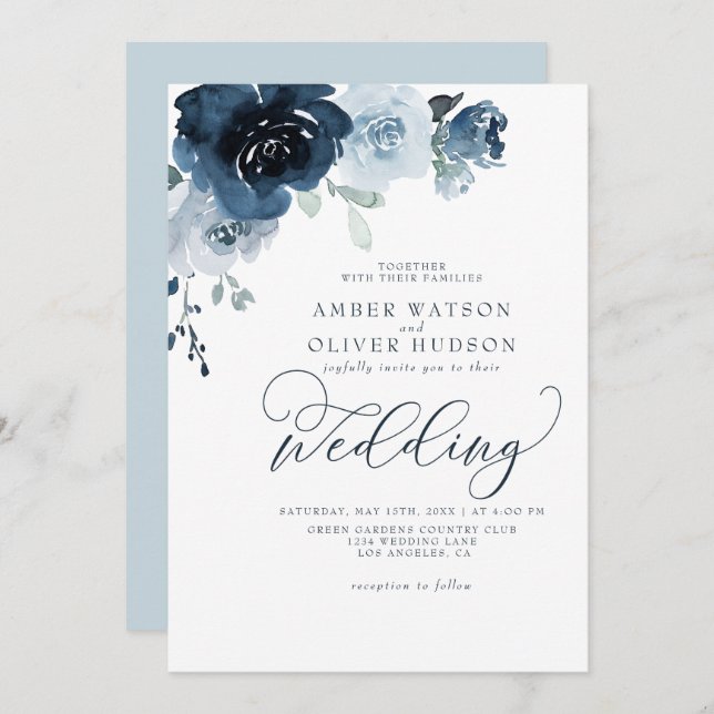 Floral Dusty Blue Dark Navy Blue Boho Wedding Invitation (Front/Back)