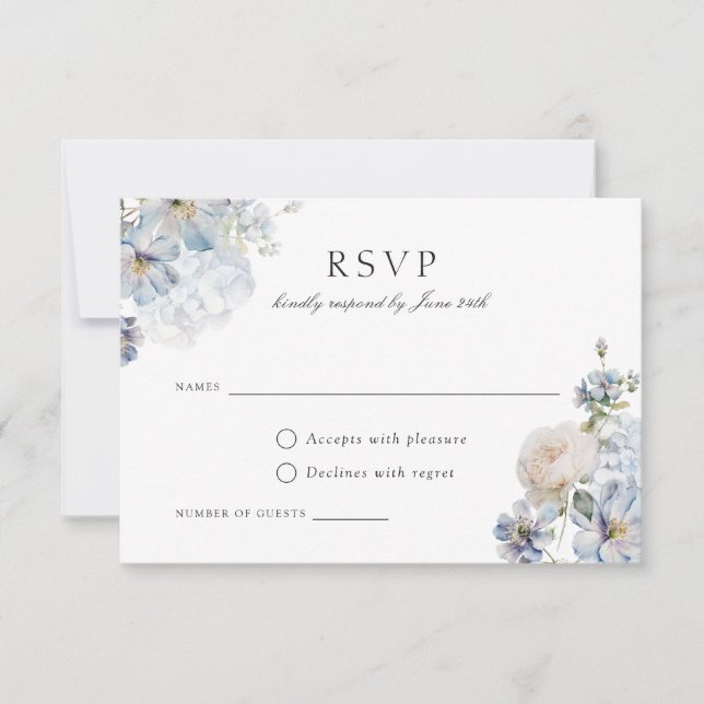 Floral Dusty Blue Elegant Blush Roses Wedding RSVP Invitation (Front)