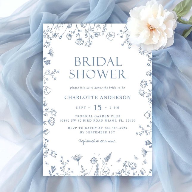 Floral Dusty Blue Elegant Bridal Shower Invitation (Creator Uploaded)