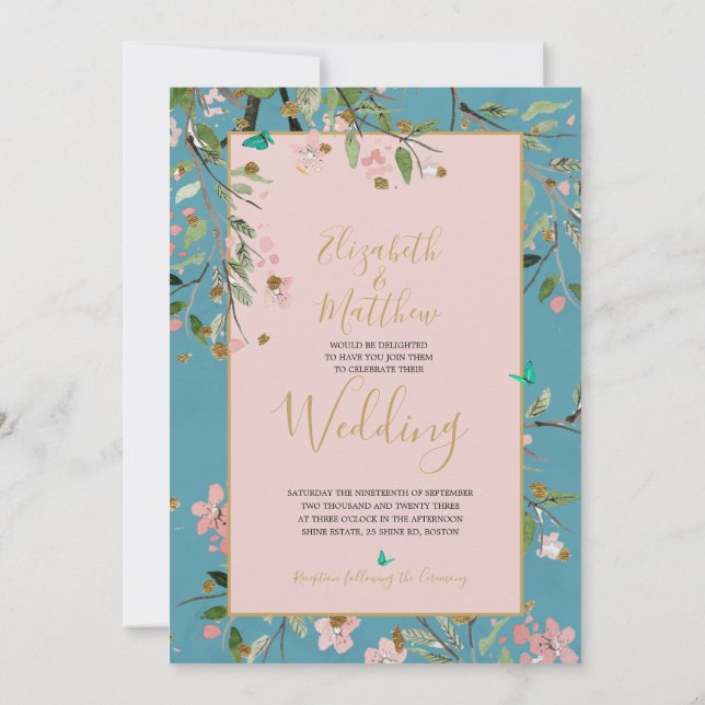 Floral Dusty Blue Elegant Gold Floral Wedding Invitation (Back)
