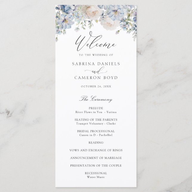 Floral Dusty Blue Elegant Roses Wedding Program Programme (Front)