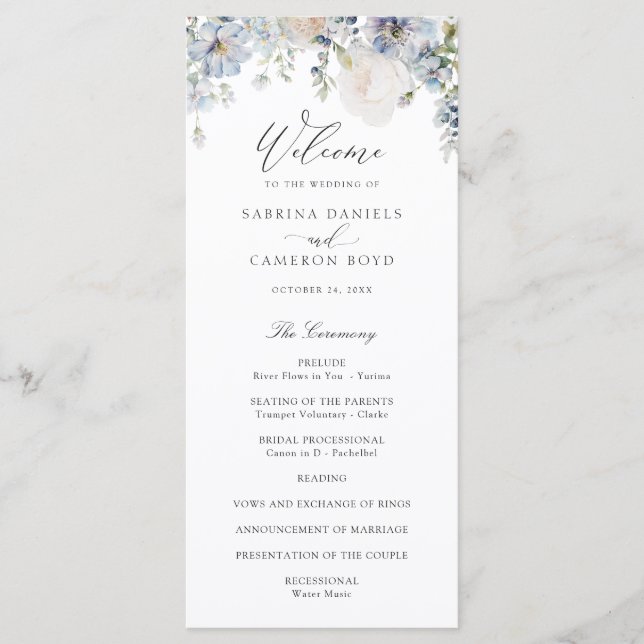 Floral Dusty Blue Elegant Roses Wedding Program Programme (Front)