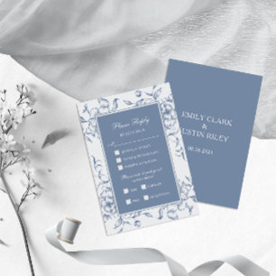 Floral Dusty Blue Elegant Wedding RSVP Card