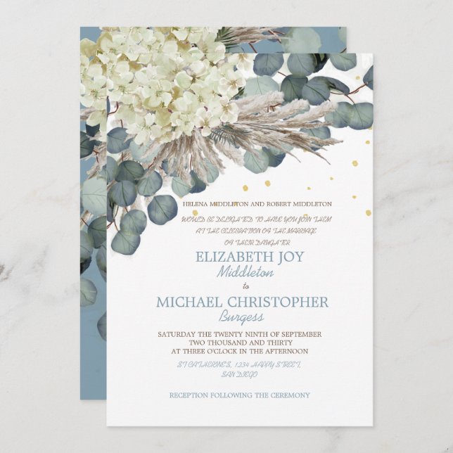 Floral Dusty Blue Eucalyptus  Elegant Gold Wedding Invitation (Front/Back)