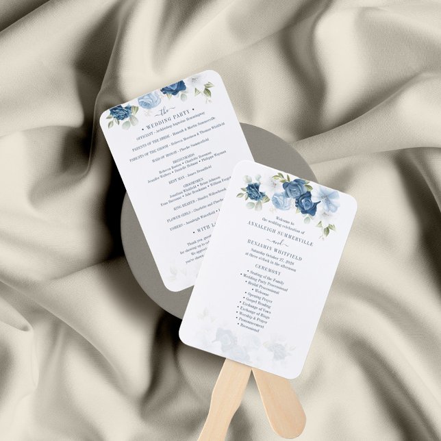 Floral Dusty Blue Foliage Wedding Ceremony Program Hand Fan (Dusty Blue Floral Watercolor Wedding Program Hand Fan)