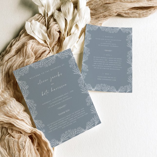 Floral Dusty Blue Front & Back Wedding  Invitation (Creator Uploaded)