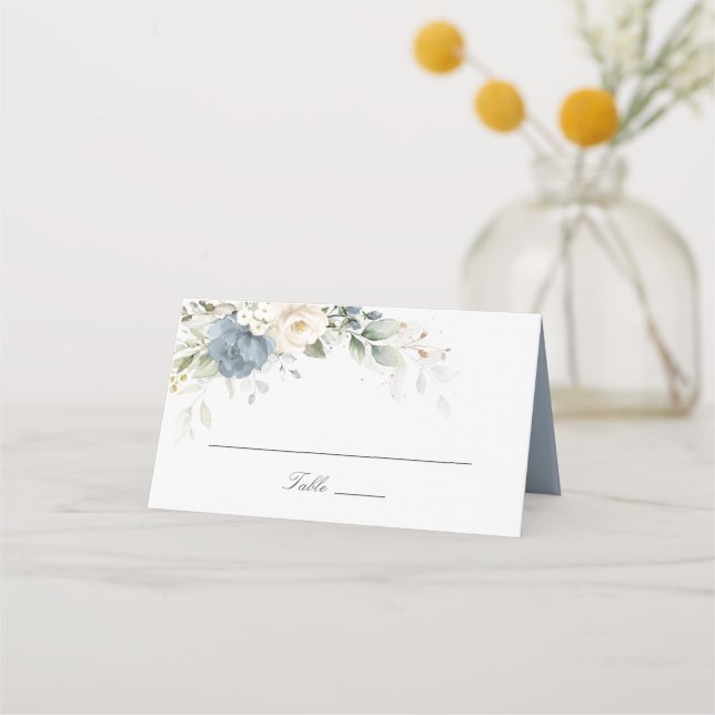 Floral Dusty Blue Greenery Elegant Wedding Place Card (Front)