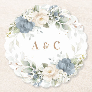 Floral Dusty Blue Greenery Monogram Wedding Paper Coaster